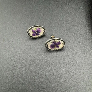 Vintage Needlepoint Hand Embroidered Stud Earrings with Purple Pansy Flower